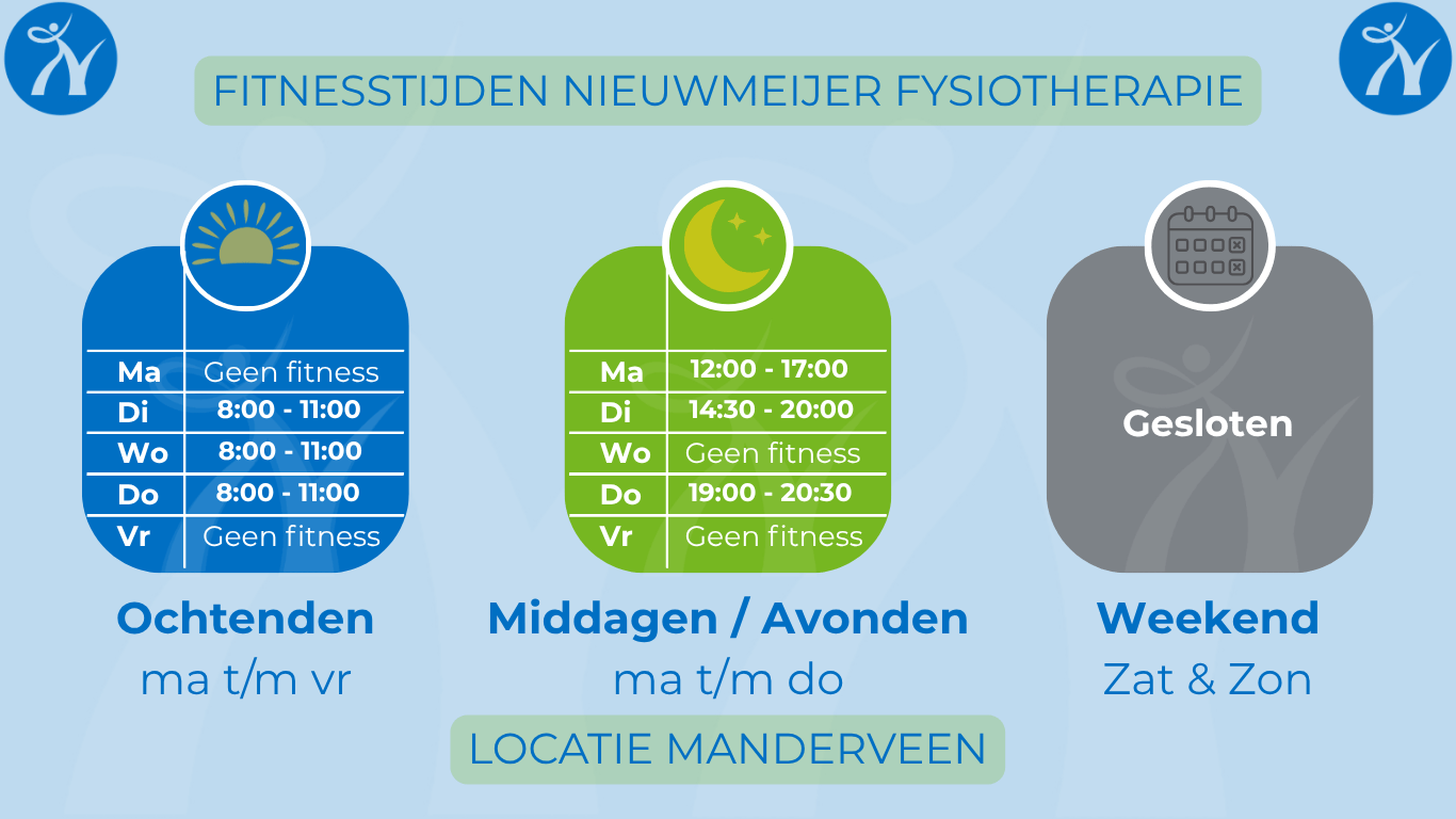 Fitness openingstijden - Locatie Manderveen - Nieuwmeijer Fysiotherapie